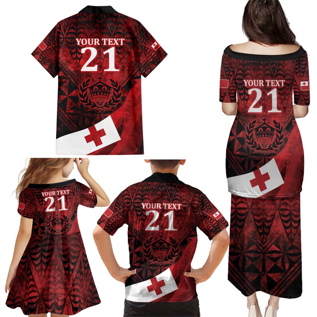 Custom Tonga XIII Rugby Tribal Tattoo Family Matching Puletasi and Hawaiian Shirt Mate Ma'a Tonga Kupesi Ngatu Grunge Style