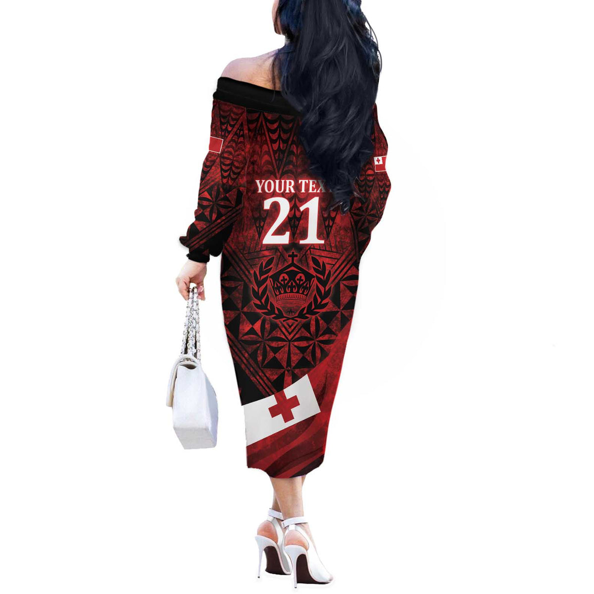 Custom Tonga XIII Rugby Tribal Tattoo Off The Shoulder Long Sleeve Dress Mate Ma'a Tonga Kupesi Ngatu Grunge Style