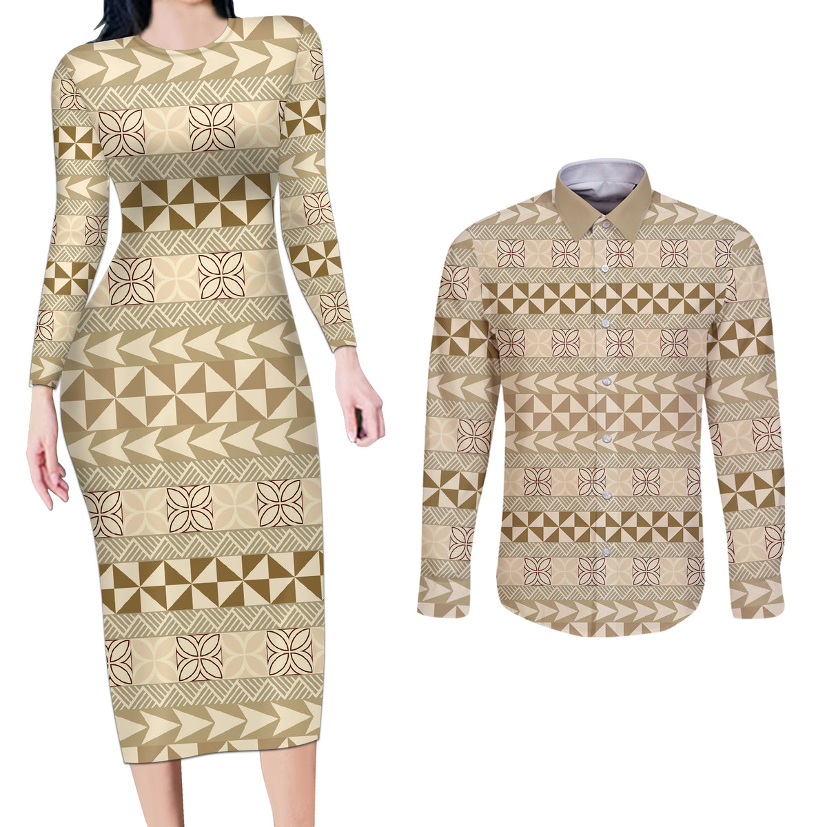 Pasifika Sataoa Pattern Simple Motif Couples Matching Long Sleeve Bodycon Dress and Long Sleeve Button Shirt Beige Tan LT9 Beige Tan - Polynesian Pride