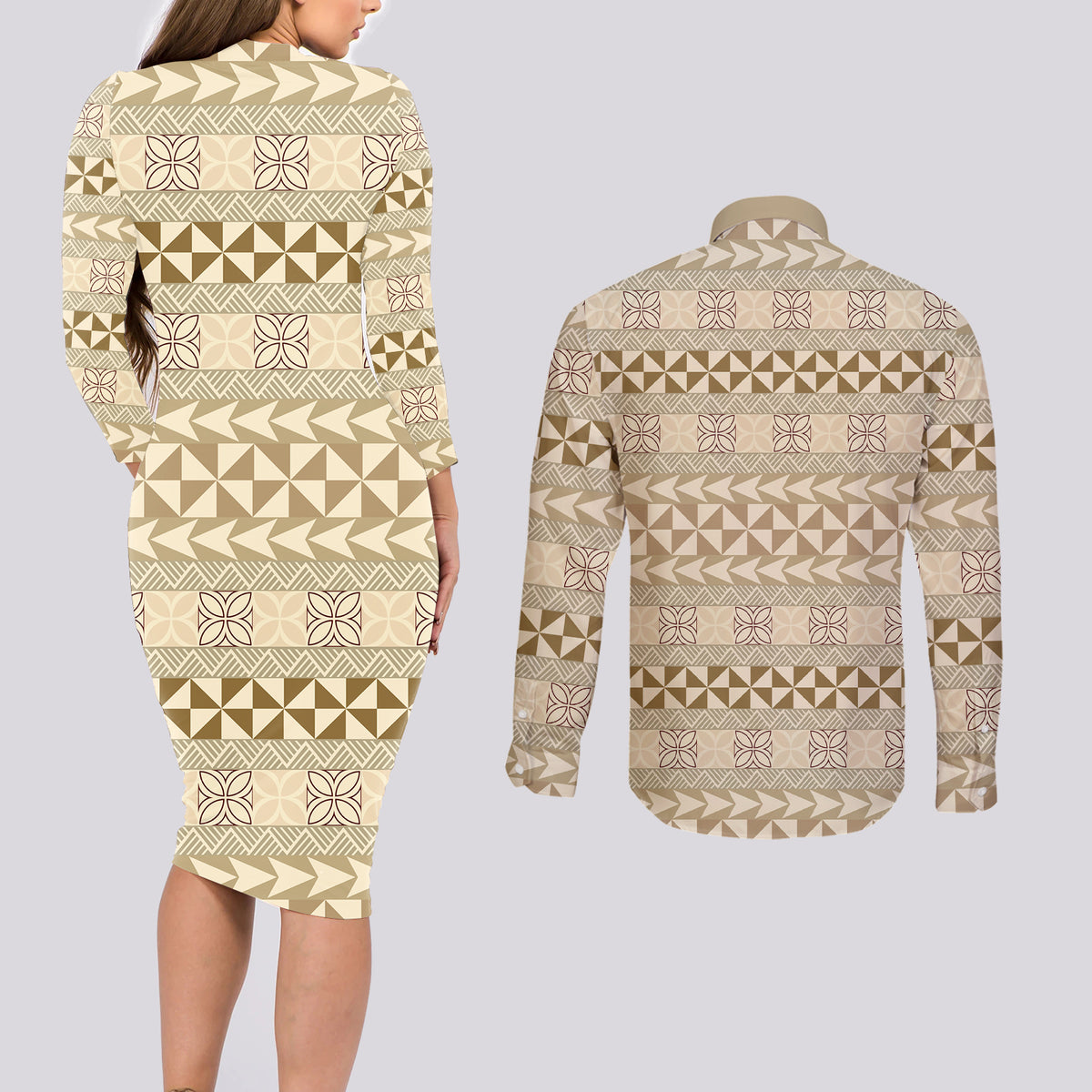 Pasifika Sataoa Pattern Simple Motif Couples Matching Long Sleeve Bodycon Dress and Long Sleeve Button Shirt Beige Tan LT9 - Polynesian Pride