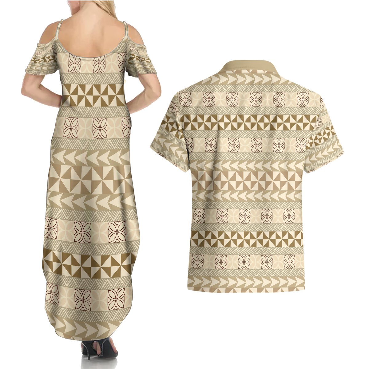 Pasifika Sataoa Pattern Simple Motif Couples Matching Summer Maxi Dress and Hawaiian Shirt Beige Tan LT9 - Polynesian Pride