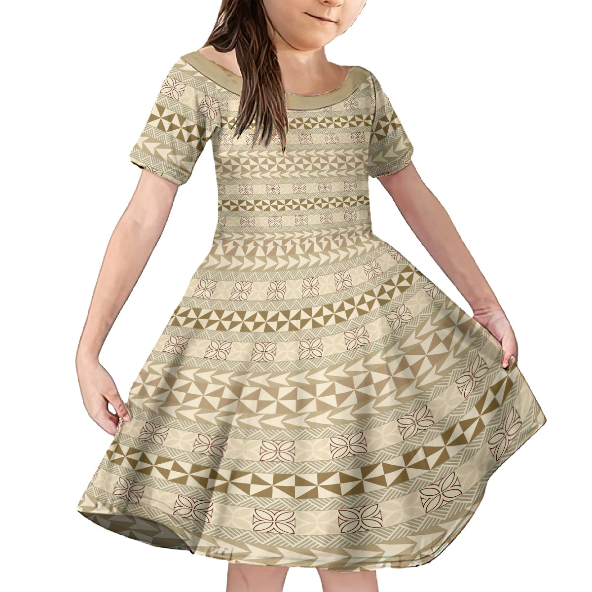 Pasifika Sataoa Pattern Simple Motif Family Matching Long Sleeve Bodycon Dress and Hawaiian Shirt Beige Tan LT9 Daughter's Dress Beige Tan - Polynesian Pride
