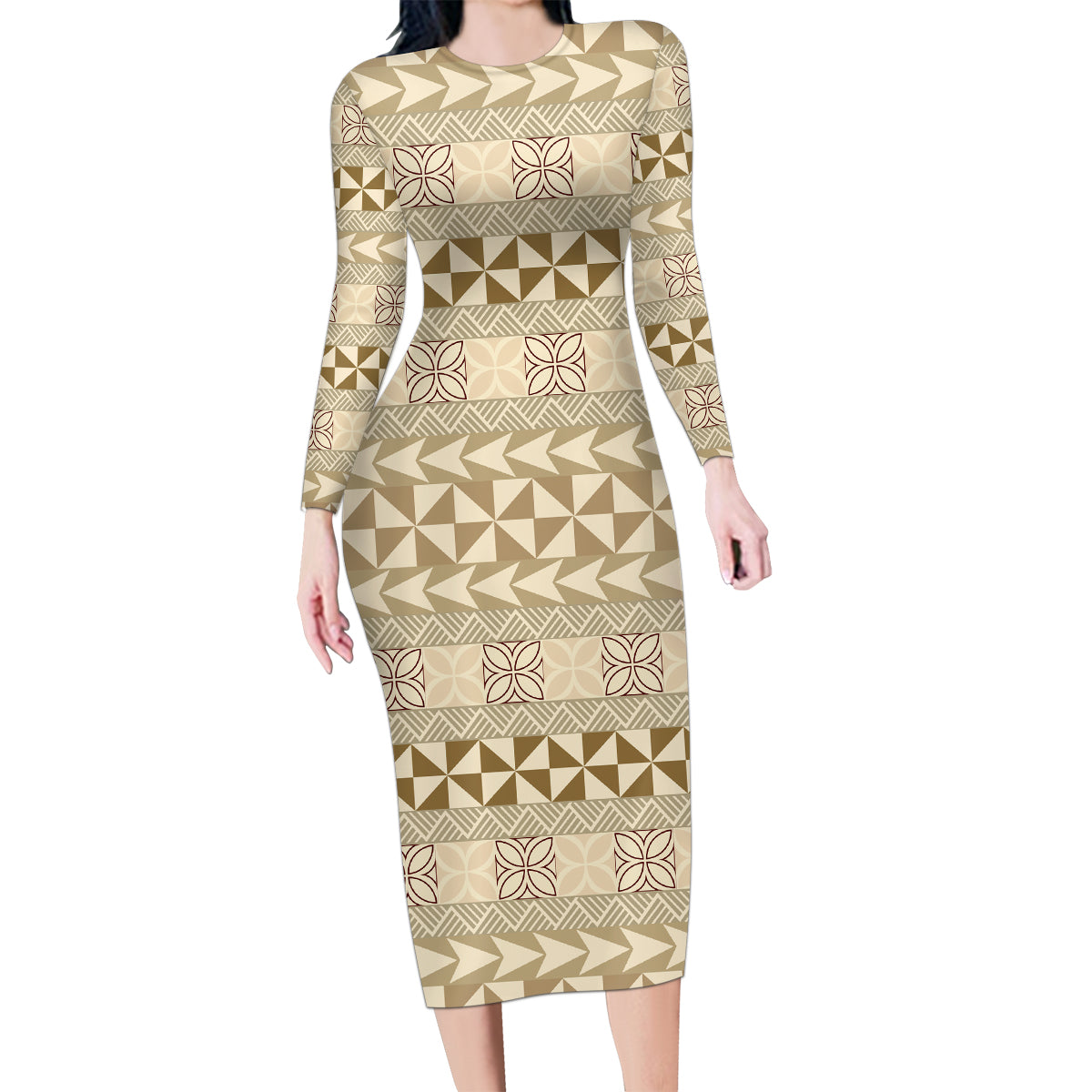Pasifika Sataoa Pattern Simple Motif Family Matching Long Sleeve Bodycon Dress and Hawaiian Shirt Beige Tan LT9 Mom's Dress Beige Tan - Polynesian Pride