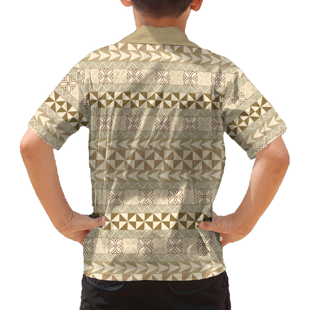 Pasifika Sataoa Pattern Simple Motif Family Matching Puletasi and Hawaiian Shirt Beige Tan LT9 - Polynesian Pride