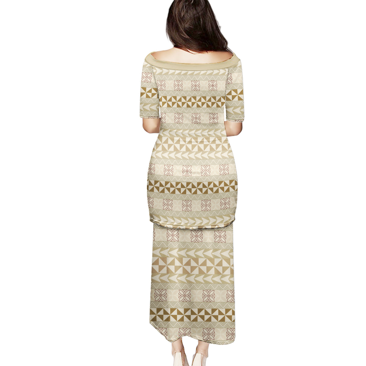 Pasifika Sataoa Pattern Simple Motif Family Matching Puletasi and Hawaiian Shirt Beige Tan LT9 - Polynesian Pride