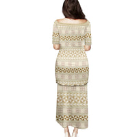 Pasifika Sataoa Pattern Simple Motif Family Matching Puletasi and Hawaiian Shirt Beige Tan LT9 - Polynesian Pride
