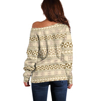 Pasifika Sataoa Pattern Simple Motif Off Shoulder Sweater Beige Tan LT9 - Polynesian Pride
