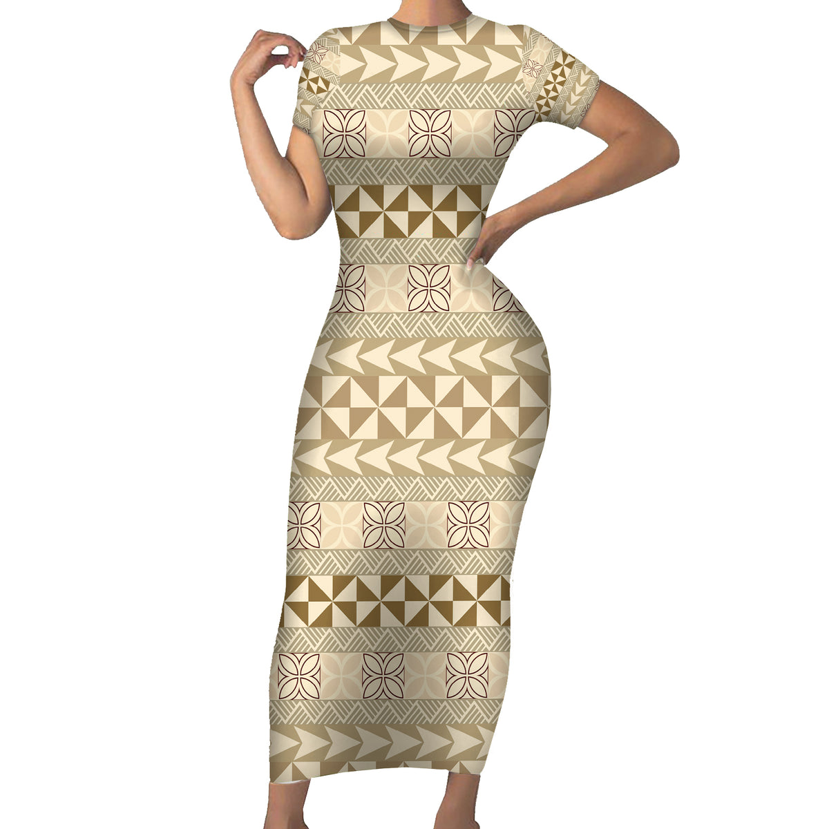 Pasifika Sataoa Pattern Simple Motif Short Sleeve Bodycon Dress Beige Tan LT9 Long Dress Beige Tan - Polynesian Pride