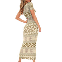 Pasifika Sataoa Pattern Simple Motif Short Sleeve Bodycon Dress Beige Tan LT9 - Polynesian Pride