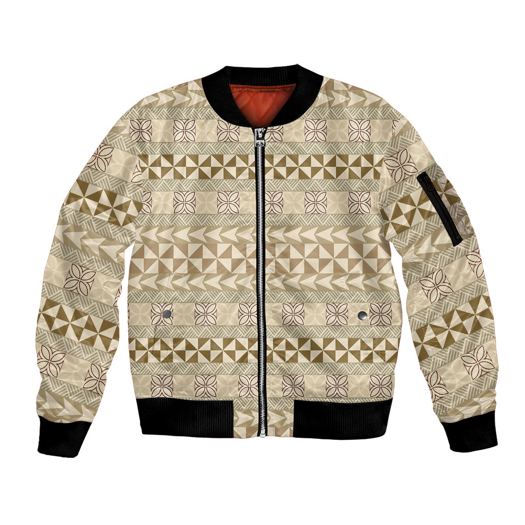 Pasifika Sataoa Pattern Simple Motif Sleeve Zip Bomber Jacket Beige Tan LT9 Unisex Beige Tan - Polynesian Pride