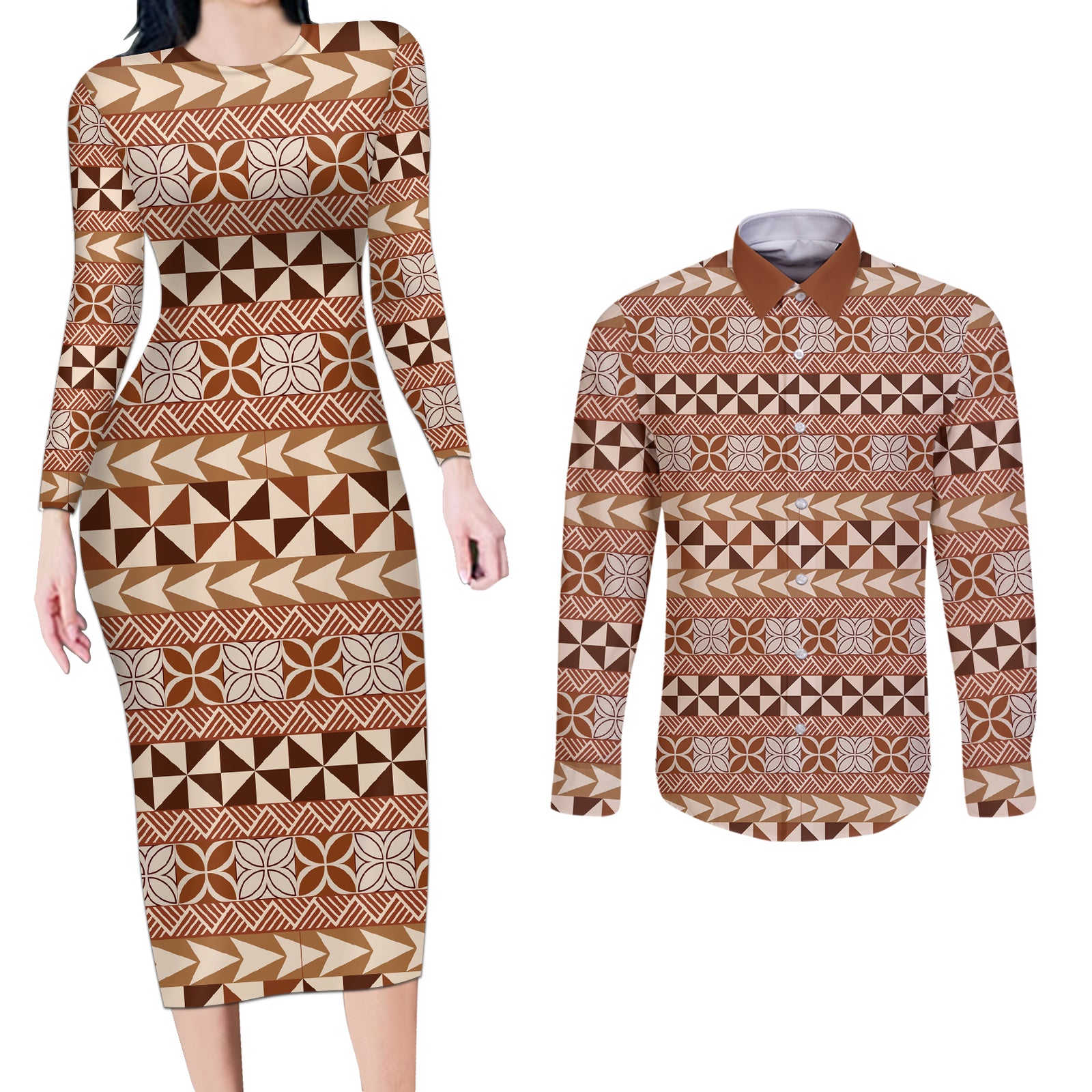 Pasifika Sataoa Pattern Simple Motif Couples Matching Long Sleeve Bodycon Dress and Long Sleeve Button Shirt Brown Beige Tan LT9 Brown - Polynesian Pride