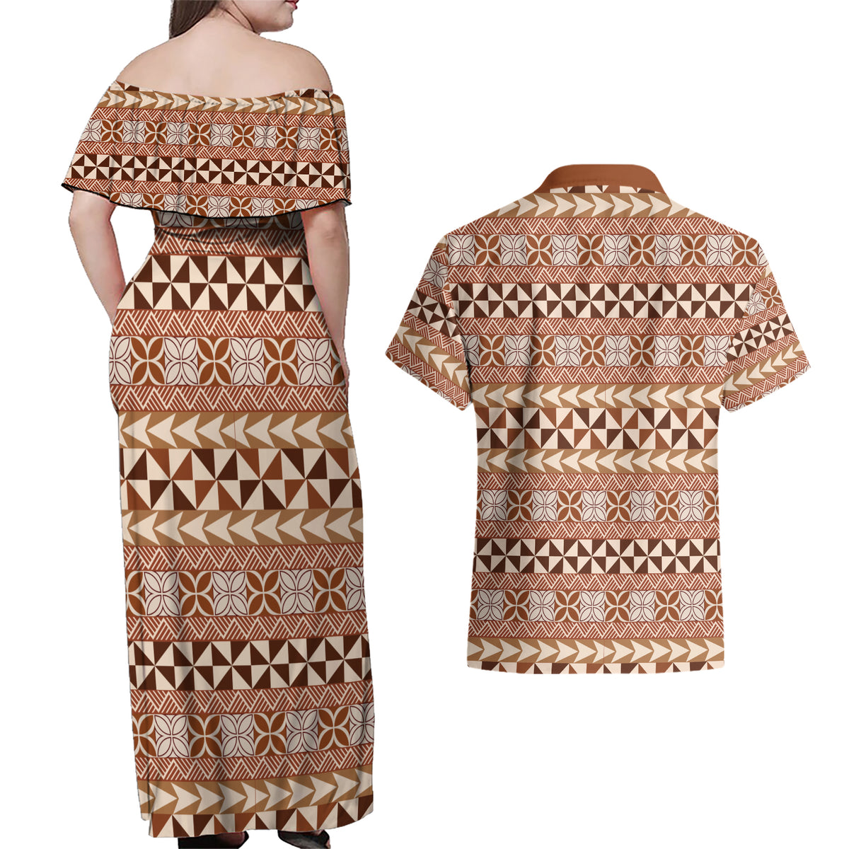 Pasifika Sataoa Pattern Simple Motif Couples Matching Off Shoulder Maxi Dress and Hawaiian Shirt Brown Beige Tan LT9 - Polynesian Pride