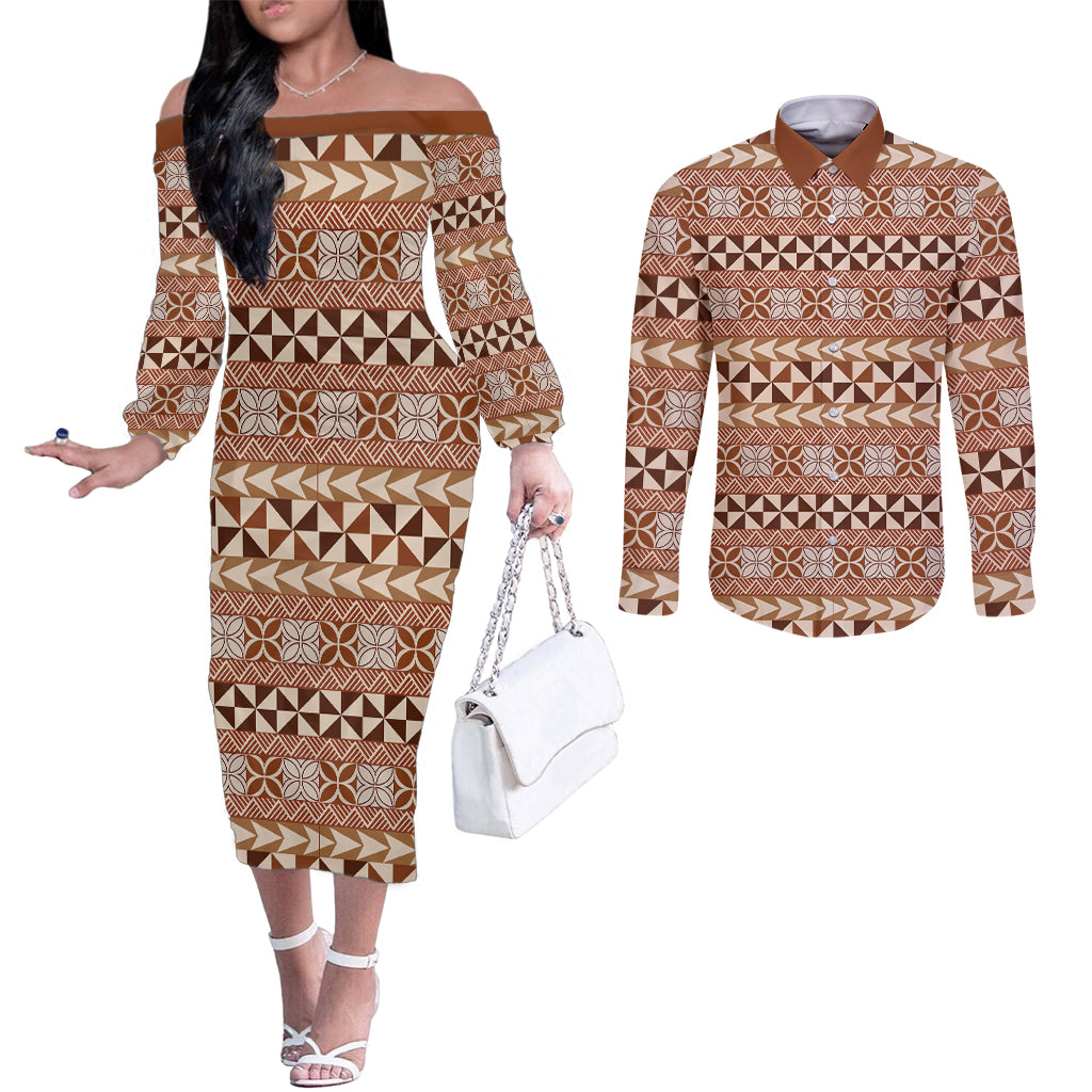 Pasifika Sataoa Pattern Simple Motif Couples Matching Off The Shoulder Long Sleeve Dress and Long Sleeve Button Shirt Brown Beige Tan LT9 Brown - Polynesian Pride