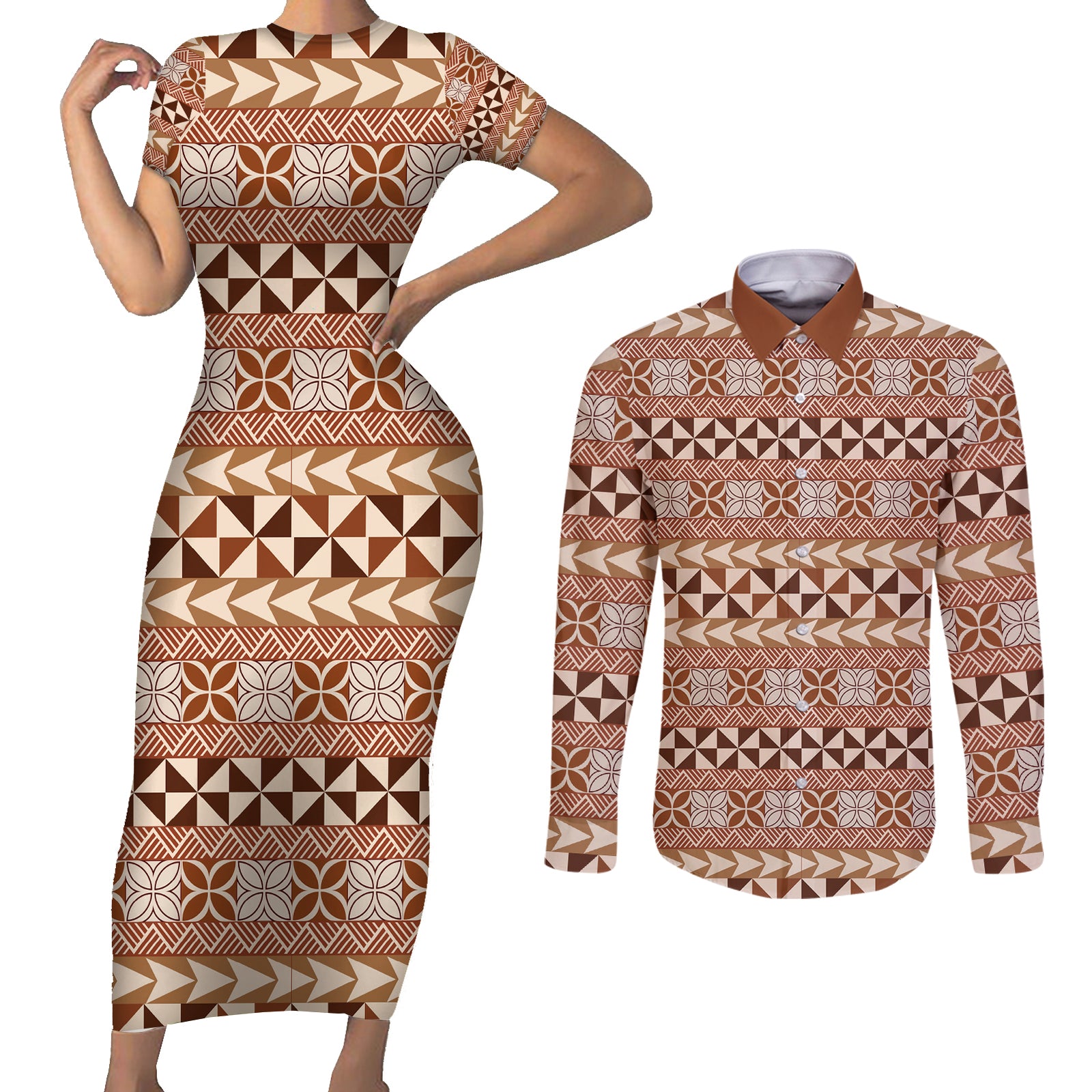 Pasifika Sataoa Pattern Simple Motif Couples Matching Short Sleeve Bodycon Dress and Long Sleeve Button Shirt Brown Beige Tan LT9 Brown - Polynesian Pride