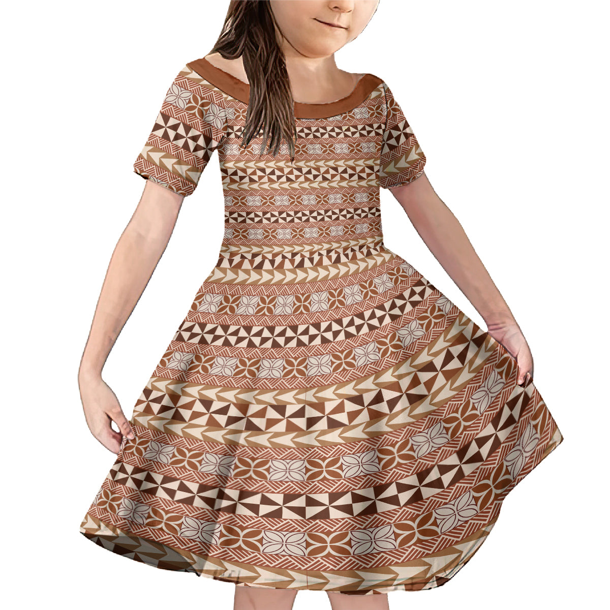 Pasifika Sataoa Pattern Simple Motif Family Matching Mermaid Dress and Hawaiian Shirt Brown Beige Tan LT9 Daughter's Dress Brown - Polynesian Pride