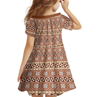 Pasifika Sataoa Pattern Simple Motif Family Matching Off Shoulder Long Sleeve Dress and Hawaiian Shirt Brown Beige Tan LT9 - Polynesian Pride