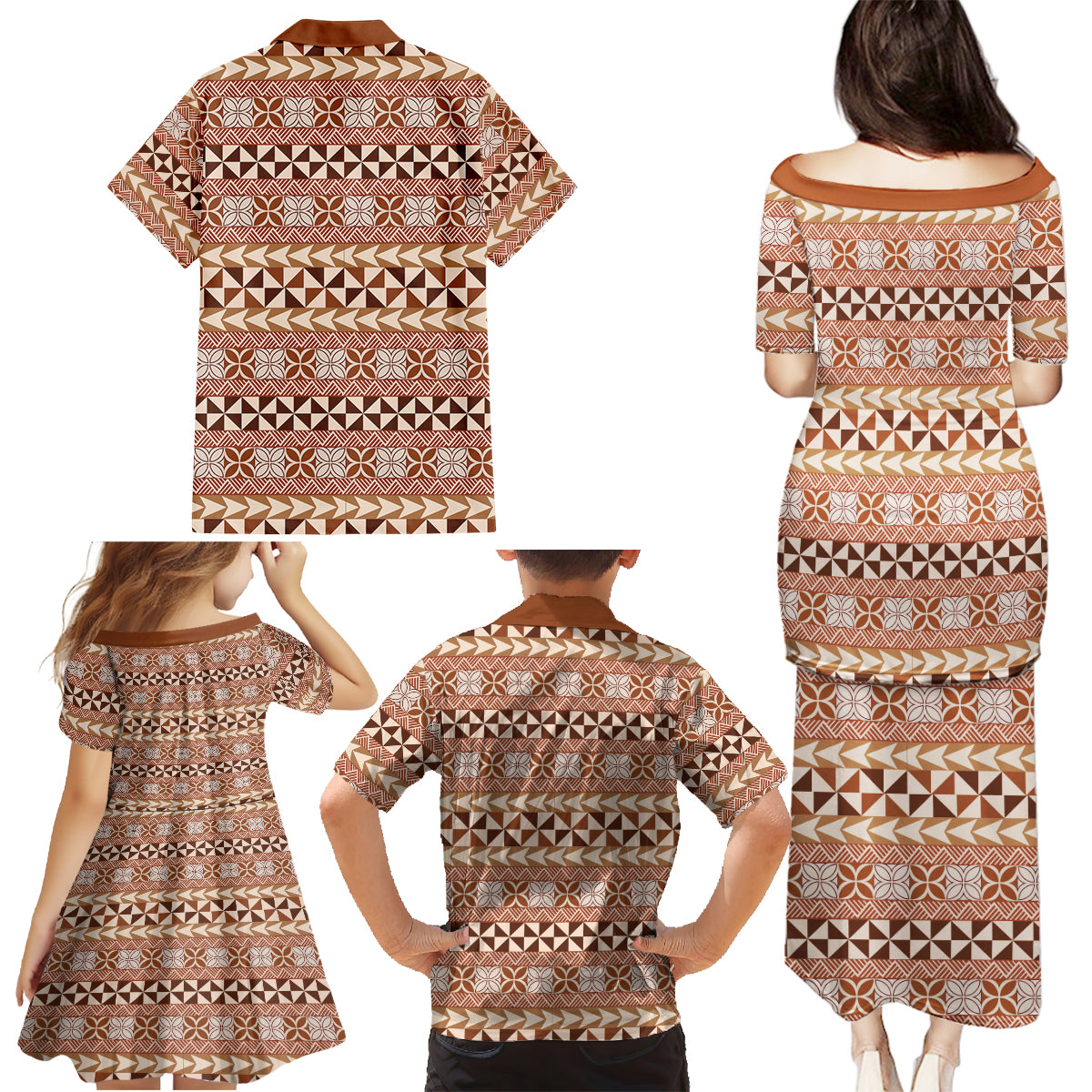 Pasifika Sataoa Pattern Simple Motif Family Matching Puletasi and Hawaiian Shirt Brown Beige Tan LT9 - Polynesian Pride