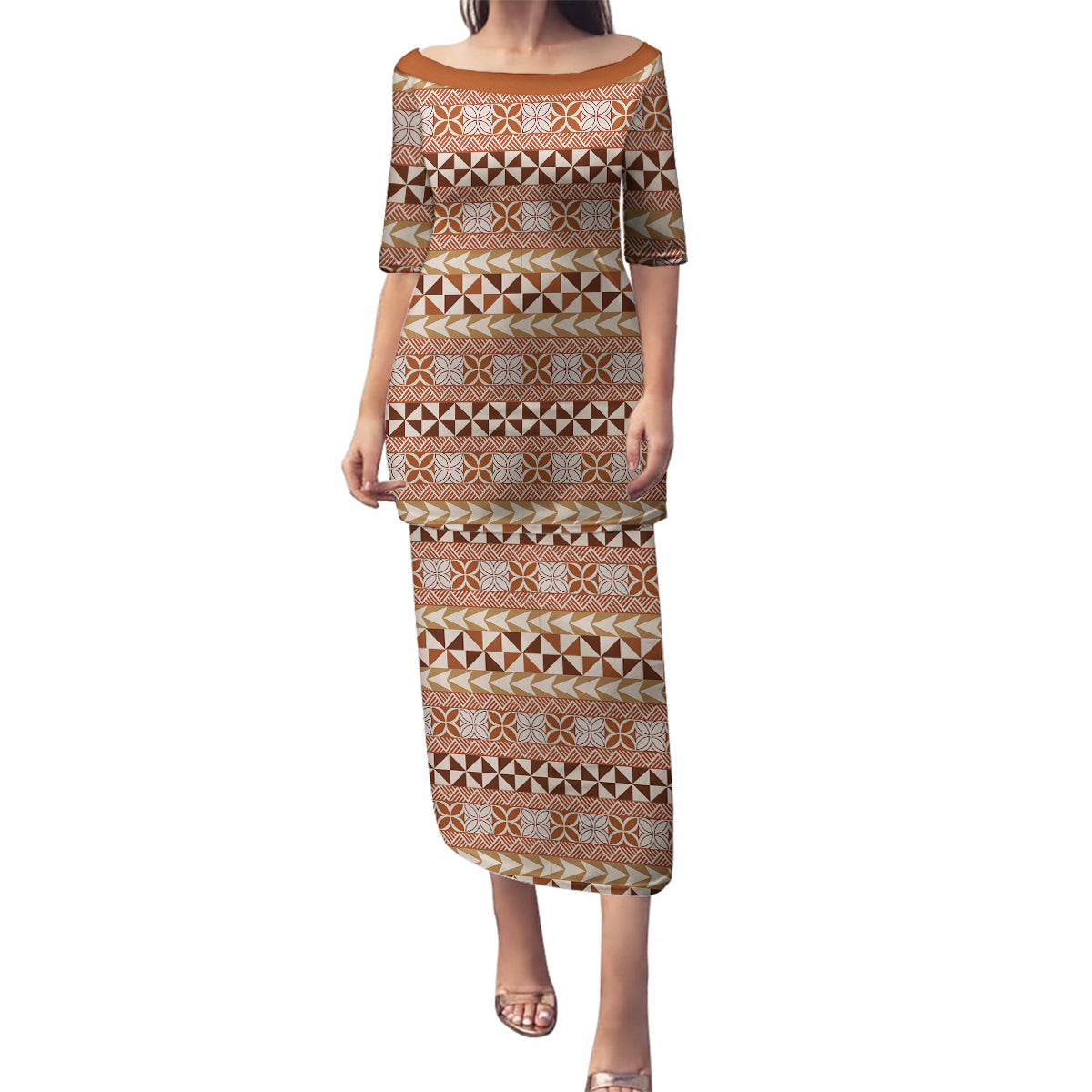 Pasifika Sataoa Pattern Simple Motif Family Matching Puletasi and Hawaiian Shirt Brown Beige Tan LT9 Mom's Dress Brown - Polynesian Pride