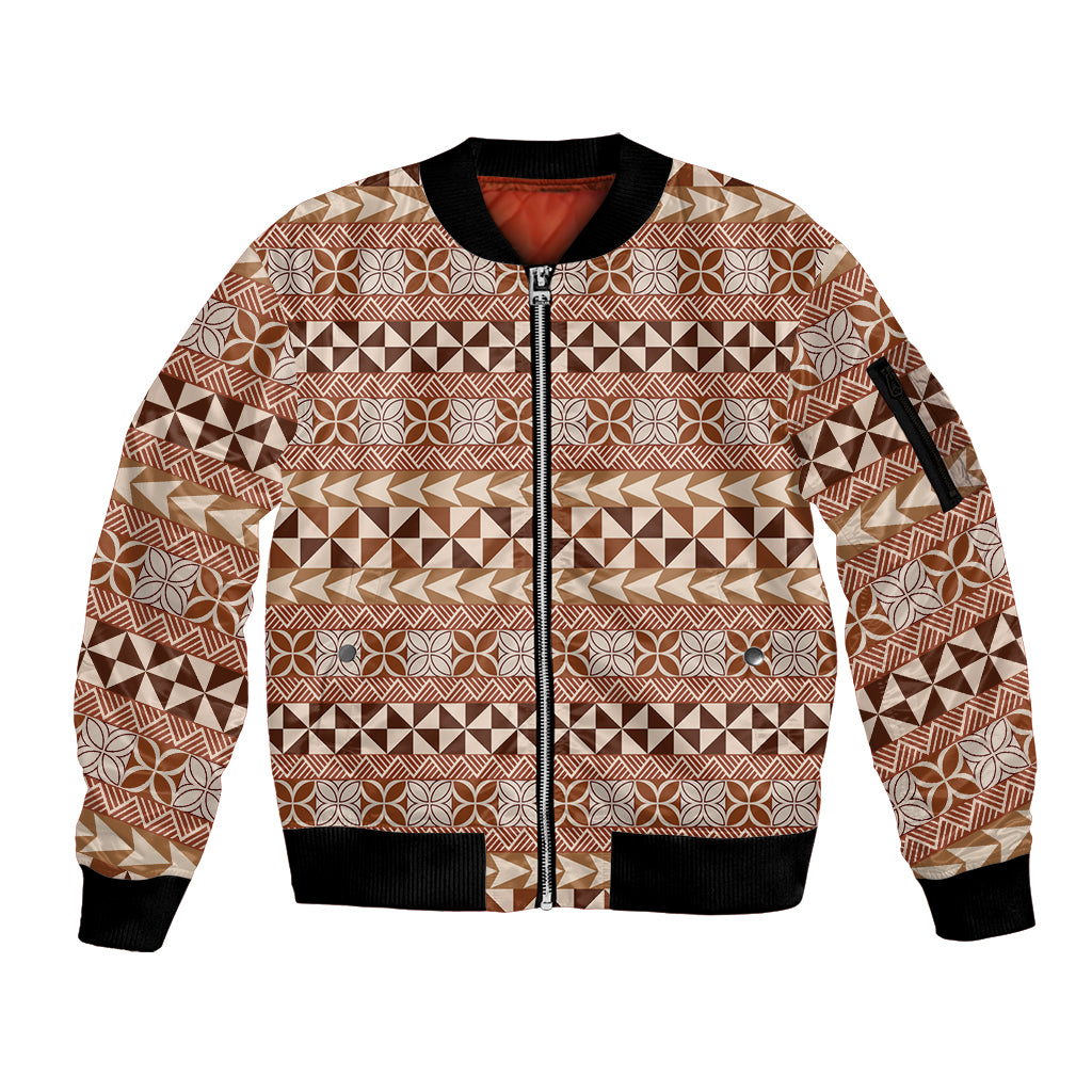 Pasifika Sataoa Pattern Simple Motif Sleeve Zip Bomber Jacket Brown Beige Tan LT9 Unisex Brown - Polynesian Pride