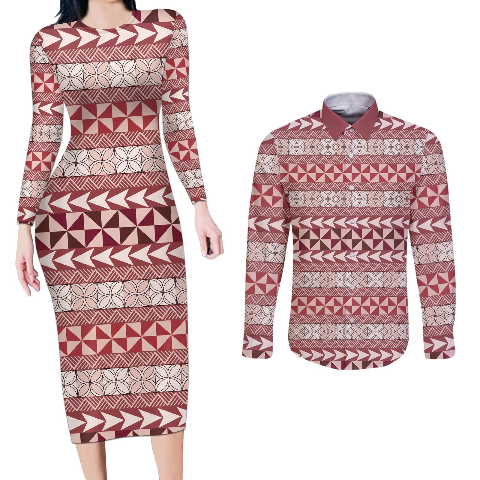Pasifika Sataoa Pattern Simple Motif Couples Matching Long Sleeve Bodycon Dress and Long Sleeve Button Shirt Cherry LT9 Cherry - Polynesian Pride