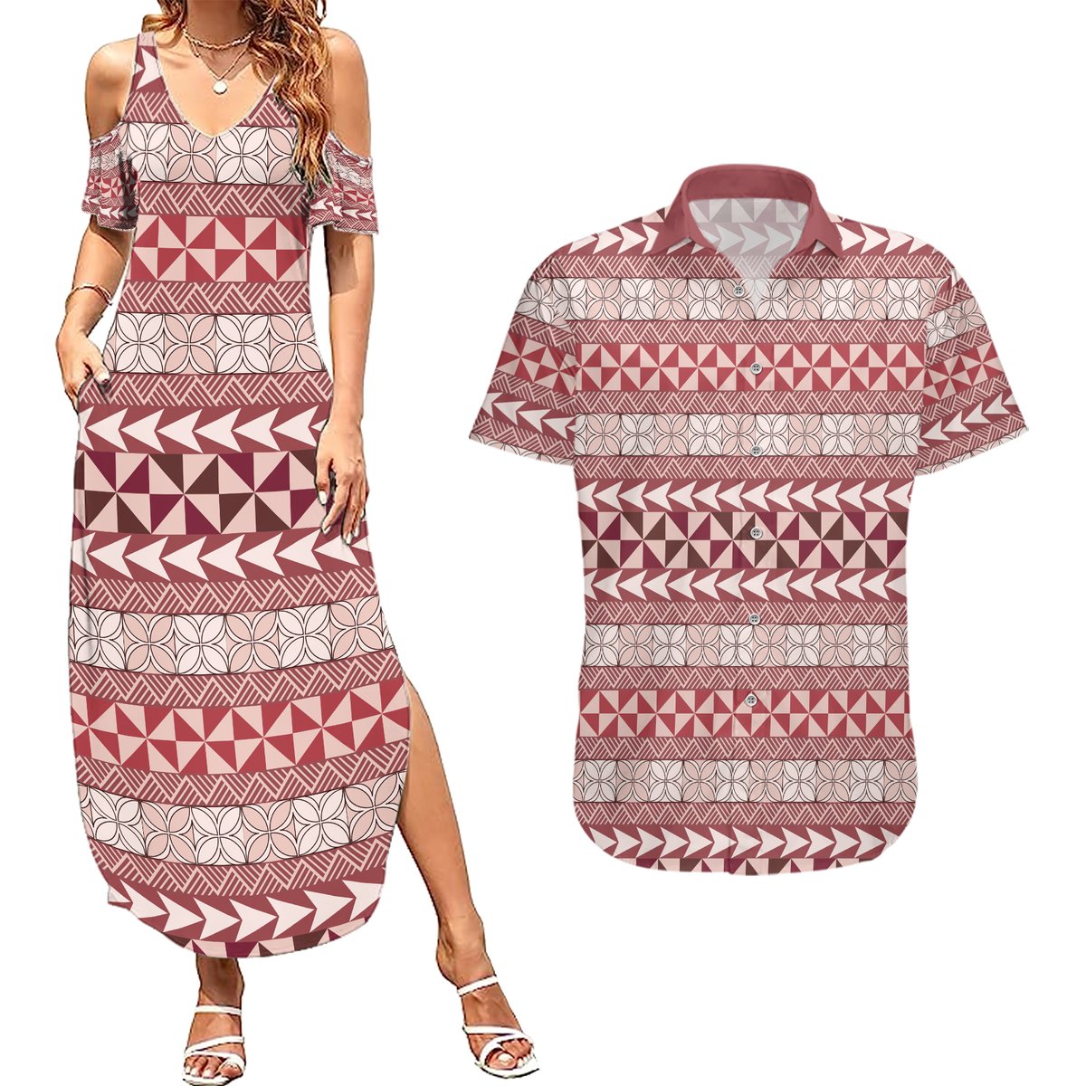 Pasifika Sataoa Pattern Simple Motif Couples Matching Summer Maxi Dress and Hawaiian Shirt Cherry LT9 Cherry - Polynesian Pride
