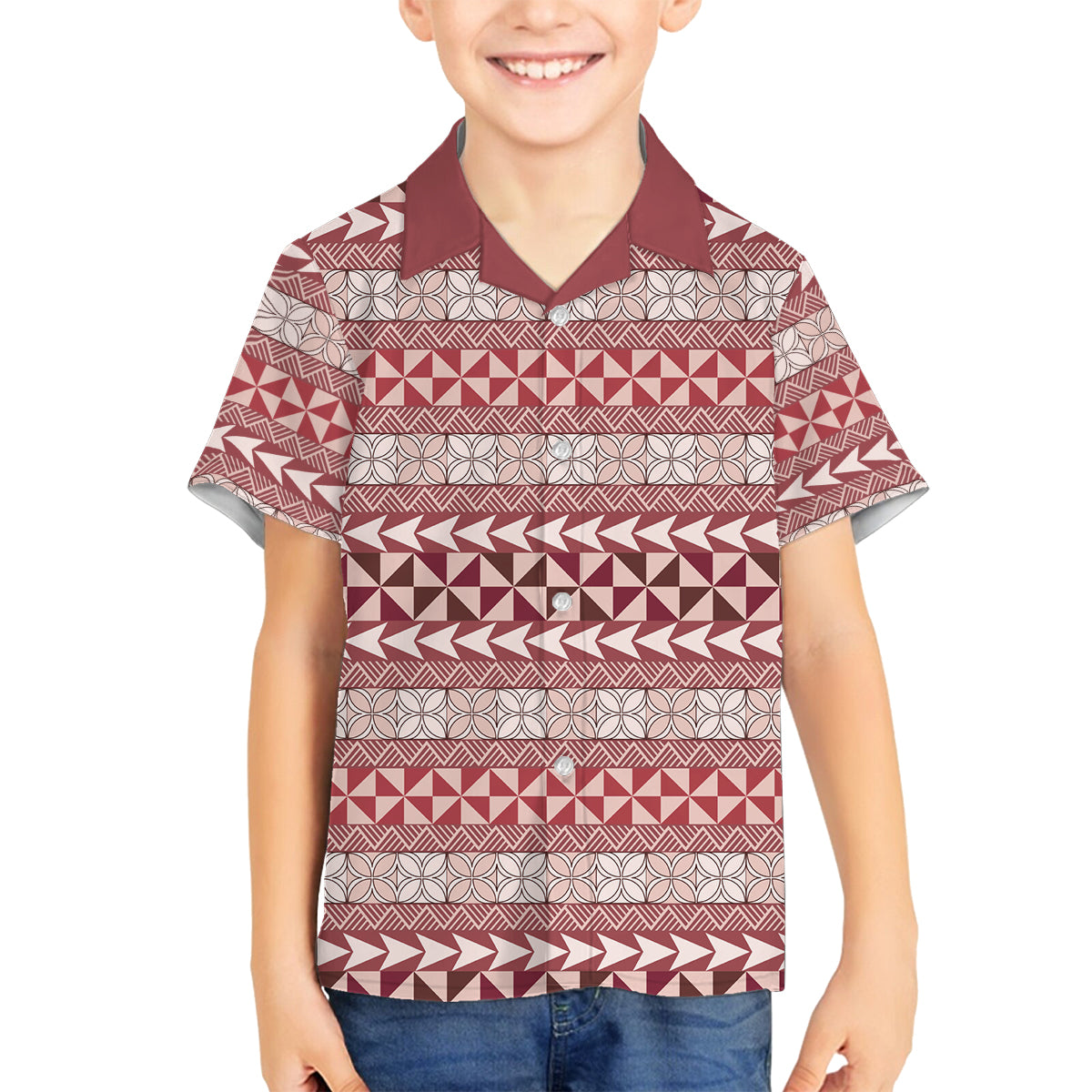 Pasifika Sataoa Pattern Simple Motif Family Matching Long Sleeve Bodycon Dress and Hawaiian Shirt Cherry LT9 Son's Shirt Cherry - Polynesian Pride