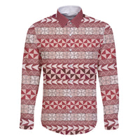 Pasifika Sataoa Pattern Simple Motif Family Matching Off Shoulder Maxi Dress and Hawaiian Shirt Cherry LT9 Dad's Shirt - Long Sleeve Cherry - Polynesian Pride