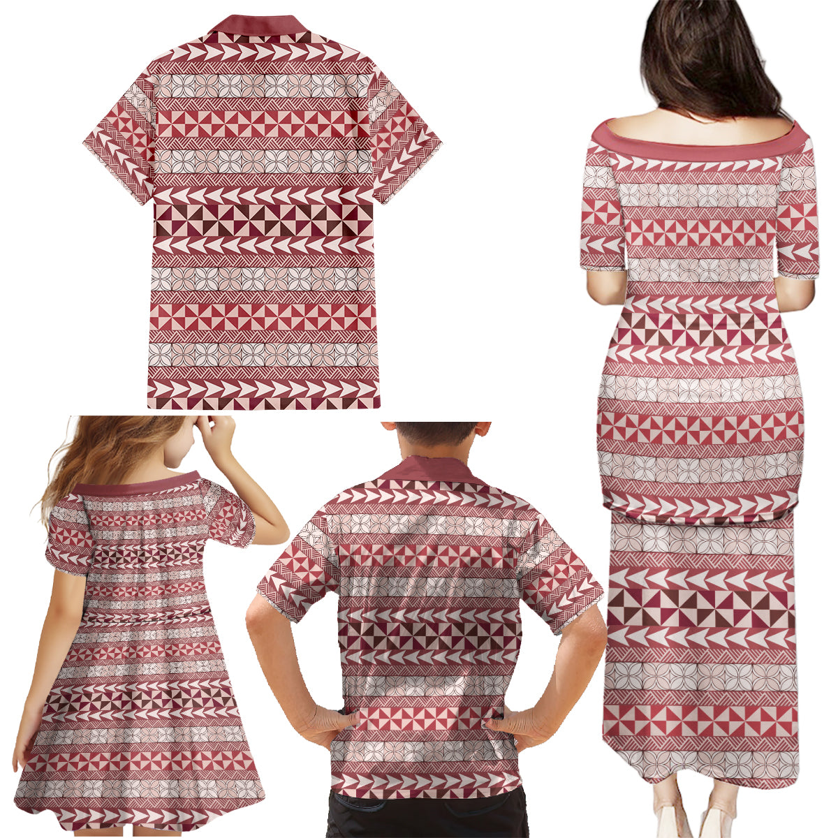 Pasifika Sataoa Pattern Simple Motif Family Matching Puletasi and Hawaiian Shirt Cherry LT9 - Polynesian Pride