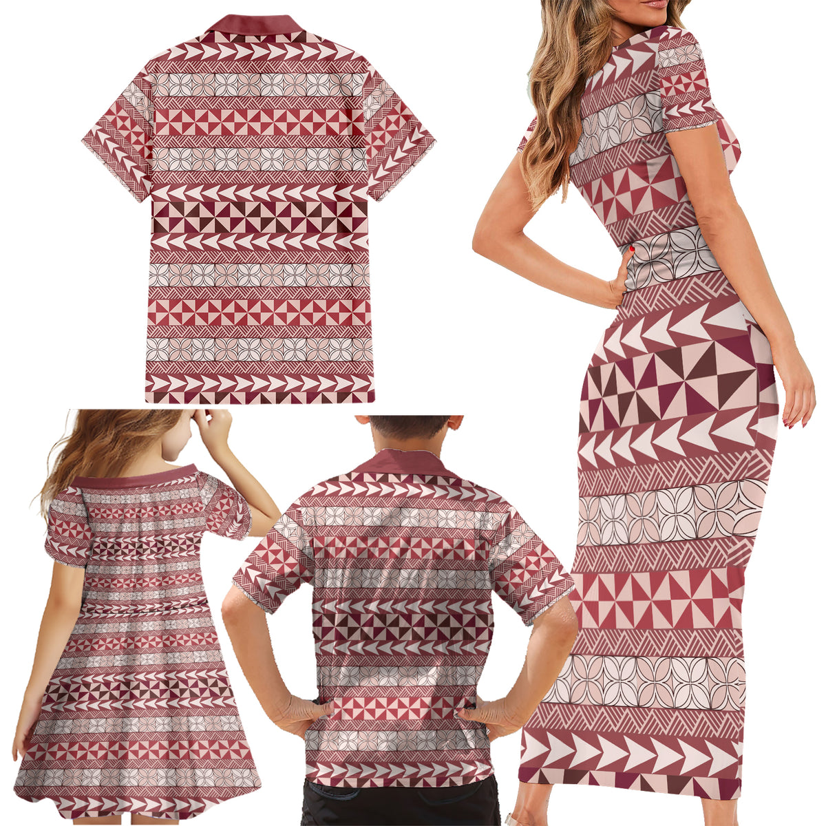 Pasifika Sataoa Pattern Simple Motif Family Matching Short Sleeve Bodycon Dress and Hawaiian Shirt Cherry LT9 - Polynesian Pride