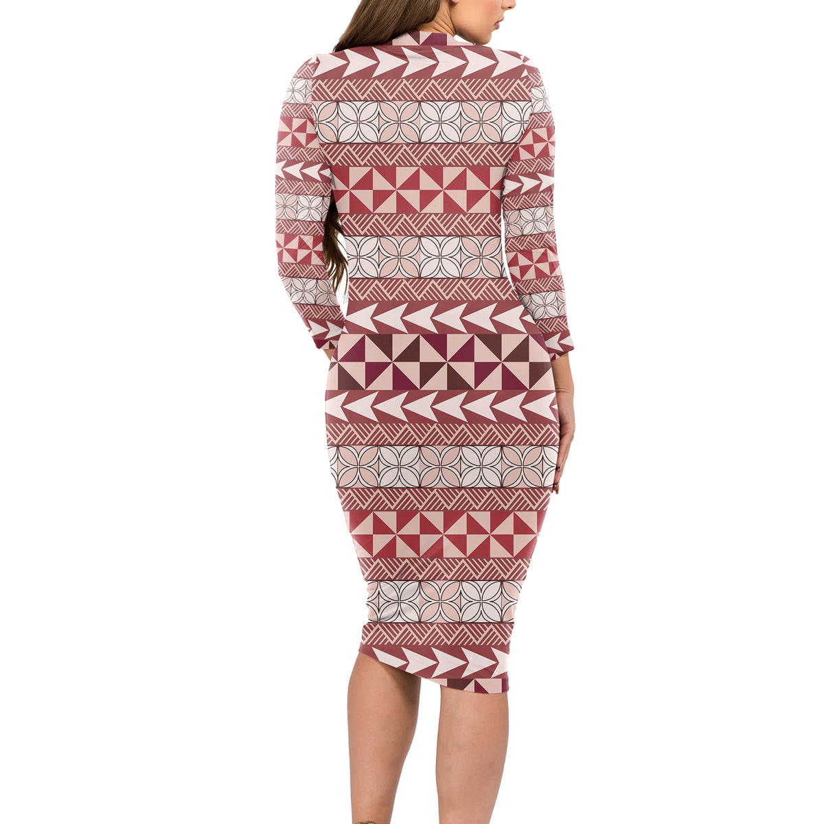 Pasifika Sataoa Pattern Simple Motif Long Sleeve Bodycon Dress Cherry LT9 - Polynesian Pride