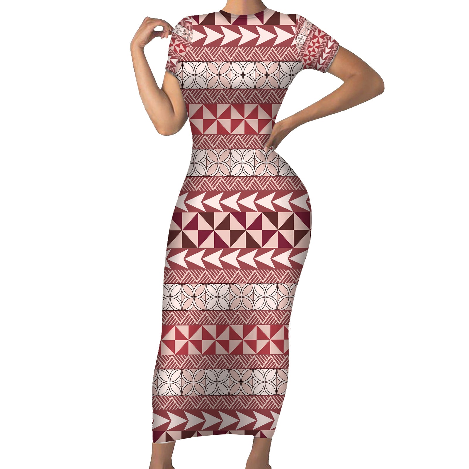 Pasifika Sataoa Pattern Simple Motif Short Sleeve Bodycon Dress Cherry LT9 Long Dress Cherry - Polynesian Pride