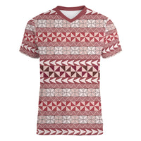 Pasifika Sataoa Pattern Simple Motif Women V Neck T Shirt Cherry LT9 Female Cherry - Polynesian Pride