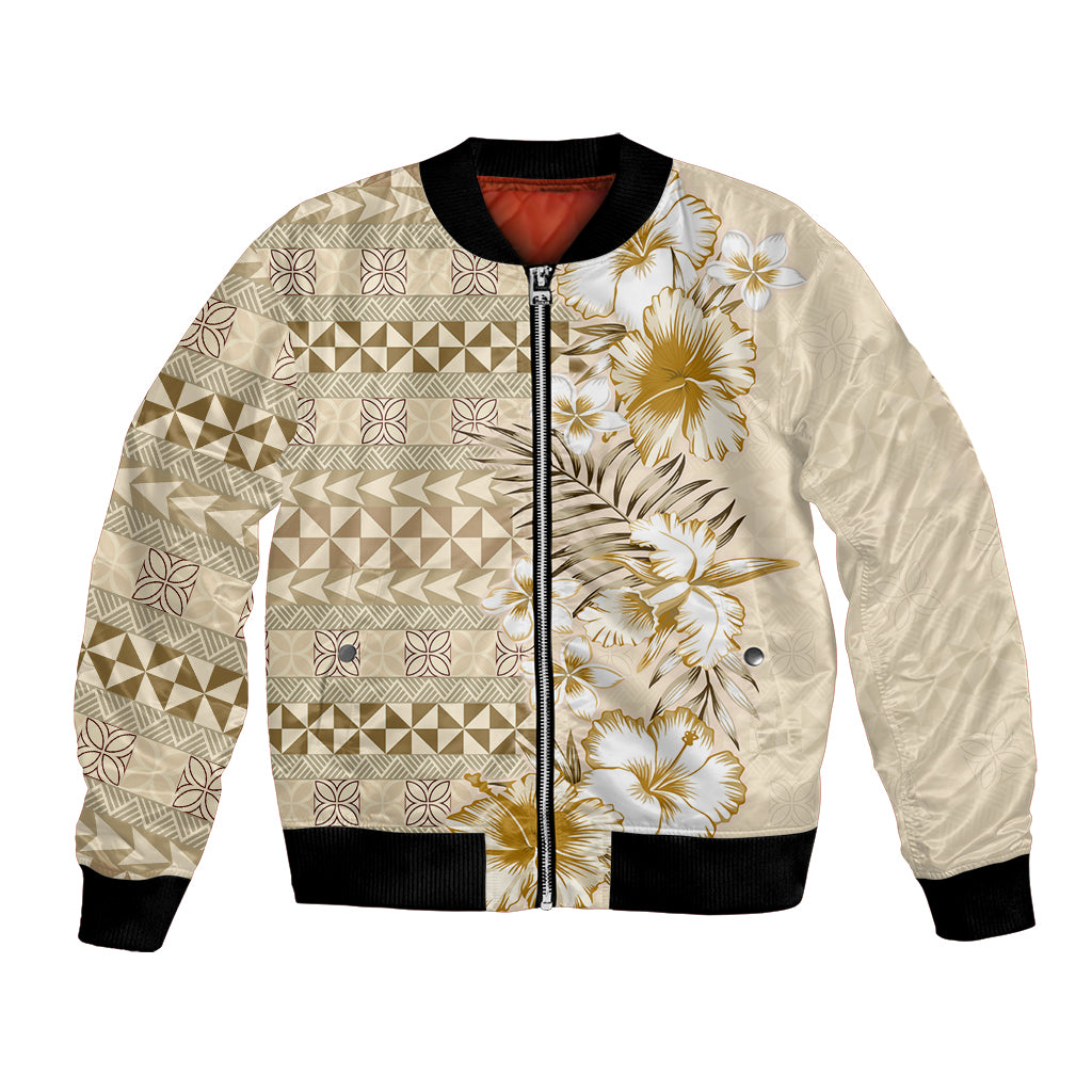 Pasifika Sataoa Pattern Plumeria Vintage Bomber Jacket Beige Tan LT9 Unisex Beige Tan - Polynesian Pride