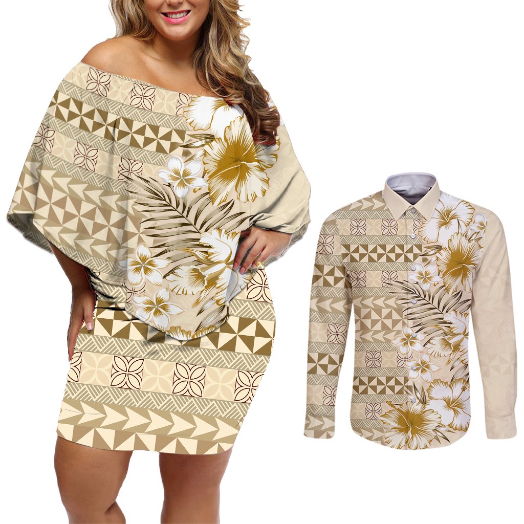 Pasifika Sataoa Pattern Plumeria Vintage Couples Matching Off Shoulder Short Dress and Long Sleeve Button Shirt Beige Tan LT9 Beige Tan - Polynesian Pride
