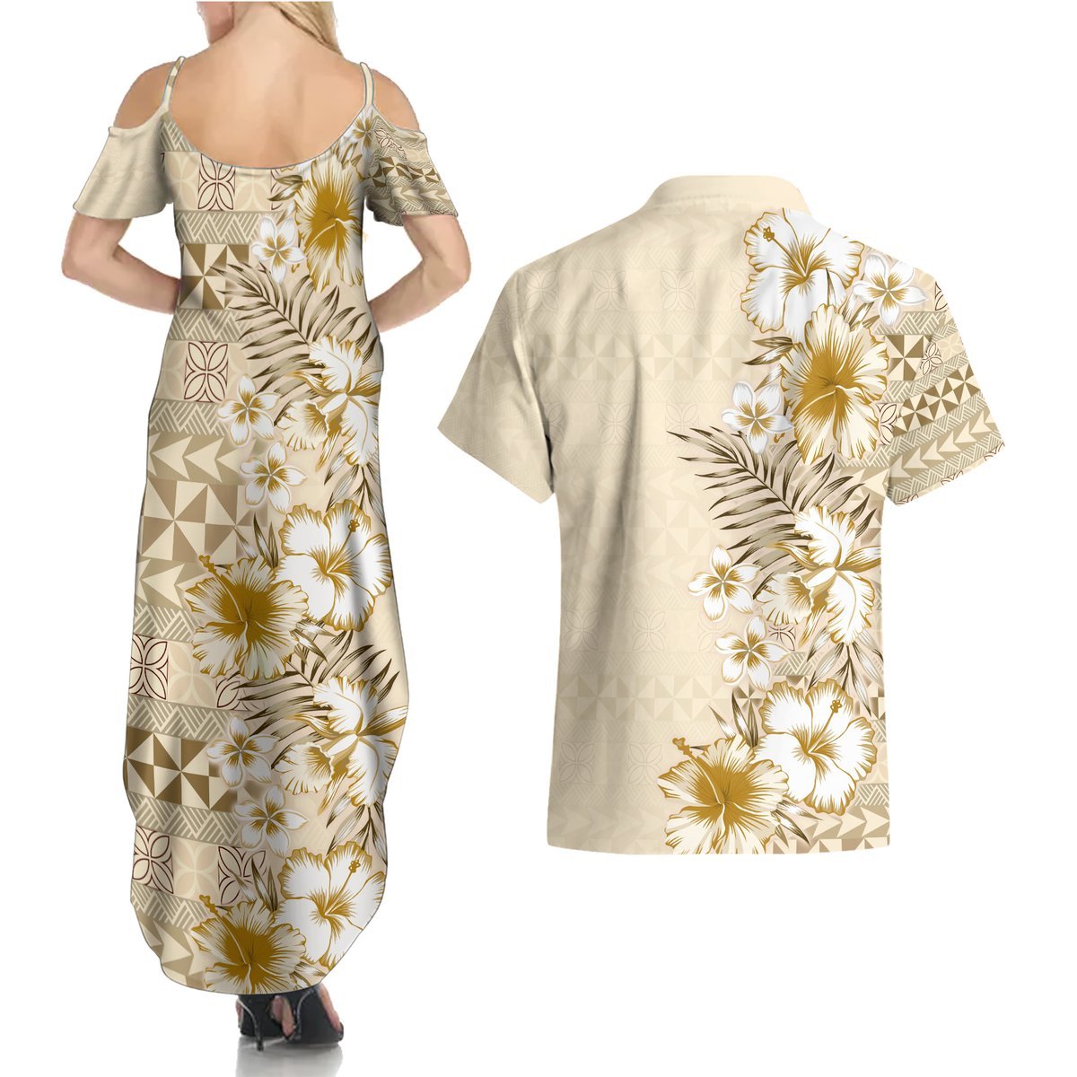 Pasifika Sataoa Pattern Plumeria Vintage Couples Matching Summer Maxi Dress and Hawaiian Shirt Beige Tan LT9 - Polynesian Pride
