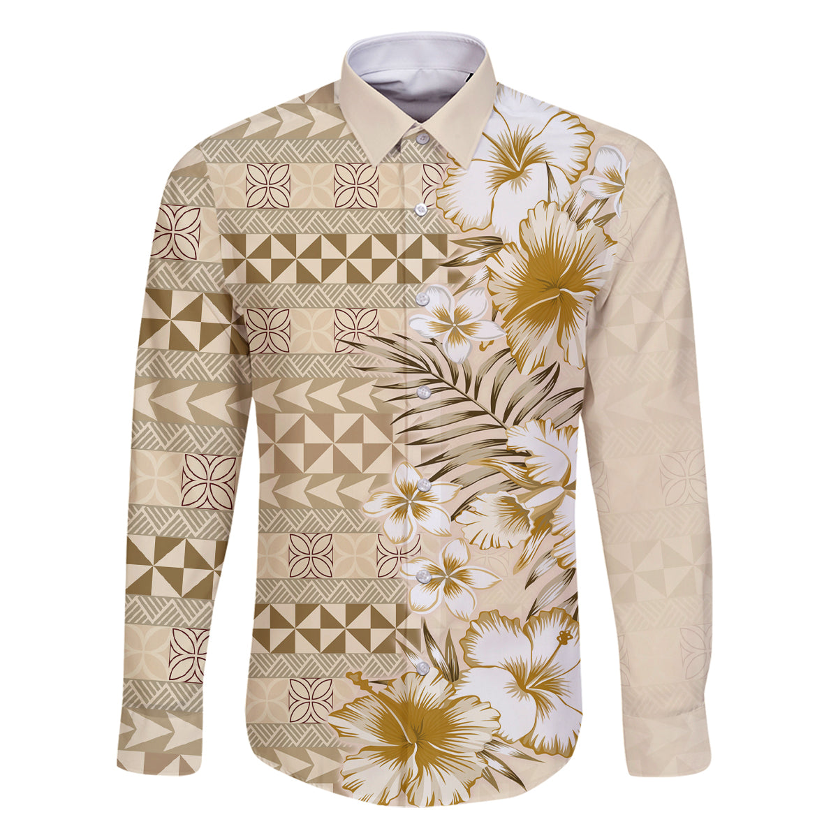 Pasifika Sataoa Pattern Plumeria Vintage Family Matching Long Sleeve Bodycon Dress and Hawaiian Shirt Beige Tan LT9 Dad's Shirt - Long Sleeve Beige Tan - Polynesian Pride