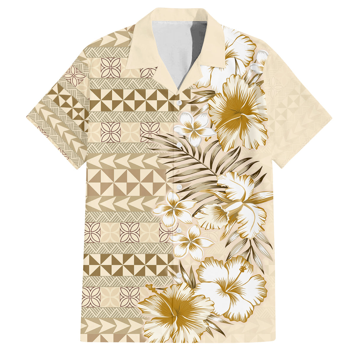 Pasifika Sataoa Pattern Plumeria Vintage Family Matching Off Shoulder Long Sleeve Dress and Hawaiian Shirt Beige Tan LT9 Dad's Shirt - Short Sleeve Beige Tan - Polynesian Pride