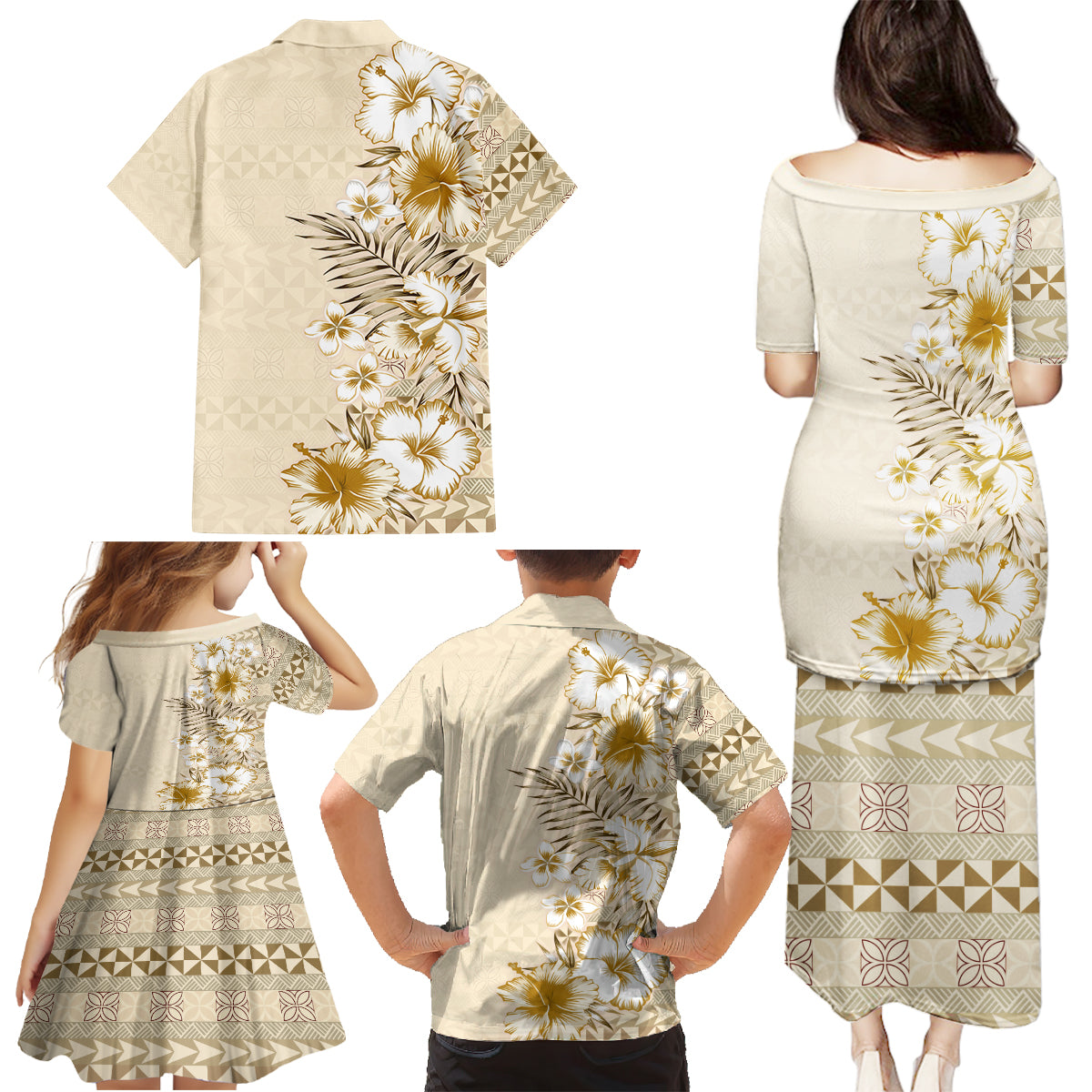 Pasifika Sataoa Pattern Plumeria Vintage Family Matching Puletasi and Hawaiian Shirt Beige Tan LT9 - Polynesian Pride