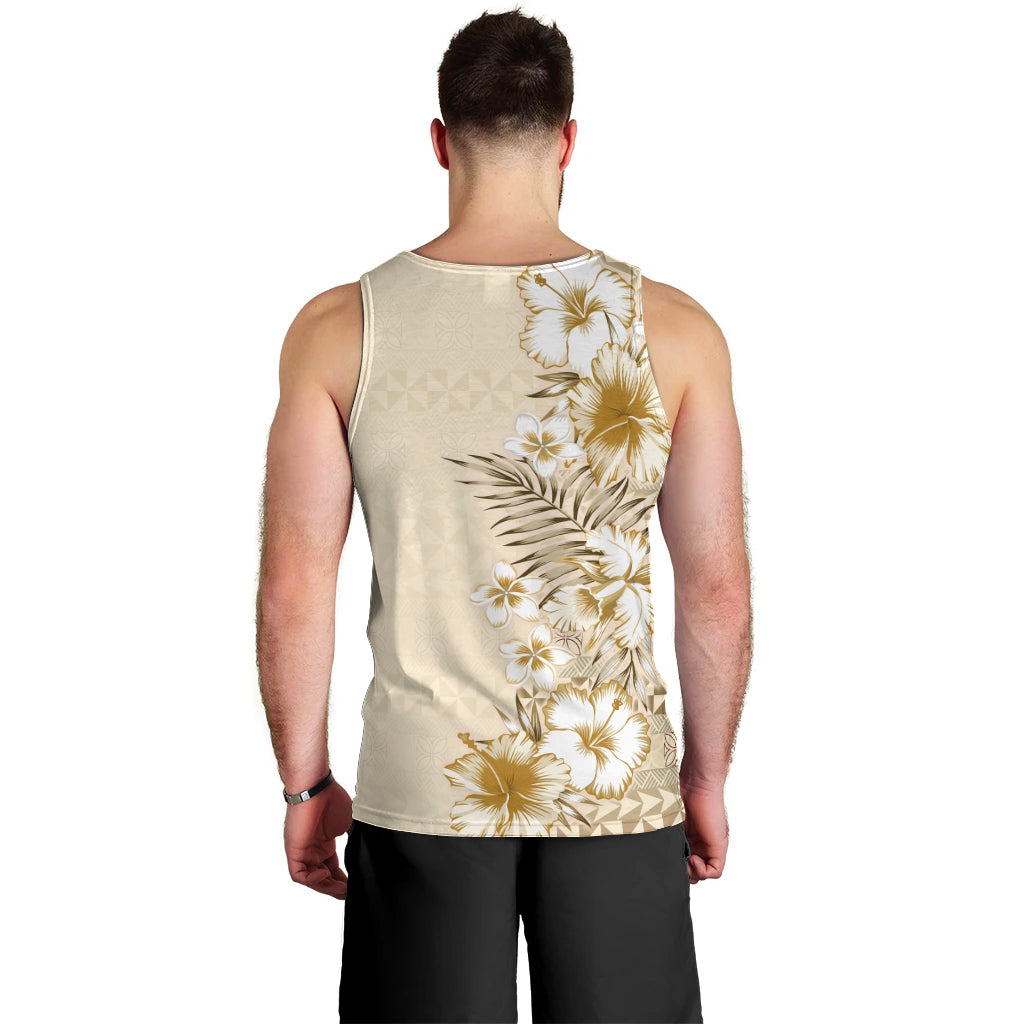 Pasifika Sataoa Pattern Plumeria Vintage Men Tank Top Beige Tan LT9 - Polynesian Pride
