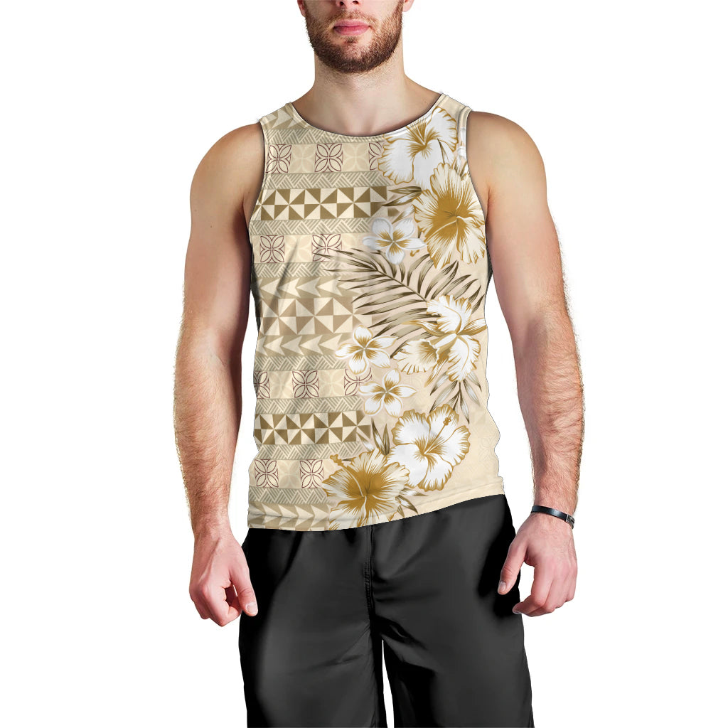 Pasifika Sataoa Pattern Plumeria Vintage Men Tank Top Beige Tan LT9 - Polynesian Pride
