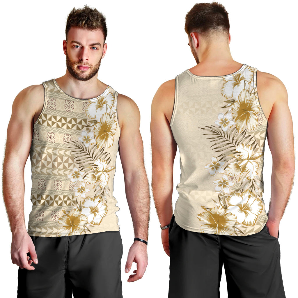Pasifika Sataoa Pattern Plumeria Vintage Men Tank Top Beige Tan LT9 - Polynesian Pride
