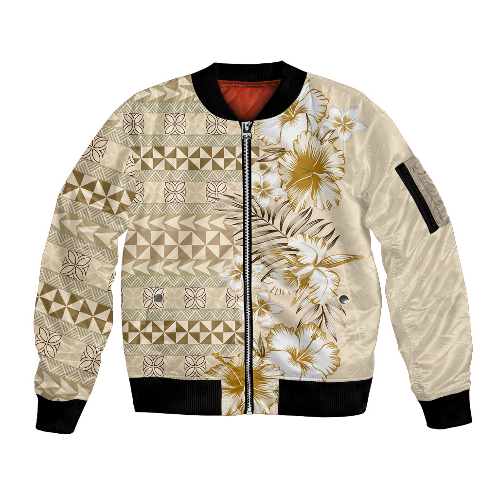 Pasifika Sataoa Pattern Plumeria Vintage Sleeve Zip Bomber Jacket Beige Tan LT9 Unisex Beige Tan - Polynesian Pride