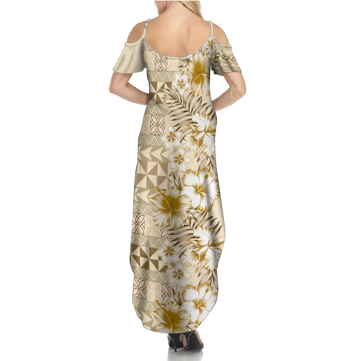 Pasifika Sataoa Pattern Plumeria Vintage Summer Maxi Dress Beige Tan LT9 - Polynesian Pride