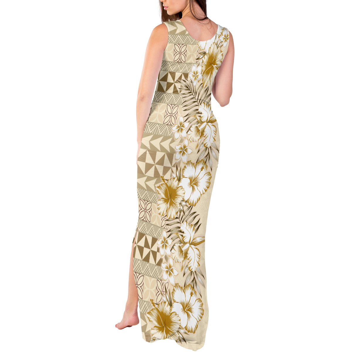 Pasifika Sataoa Pattern Plumeria Vintage Tank Maxi Dress Beige Tan LT9 - Polynesian Pride
