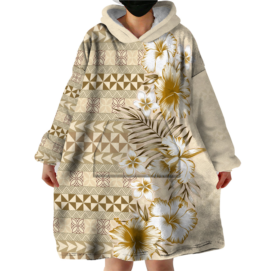 Pasifika Sataoa Pattern Plumeria Vintage Wearable Blanket Hoodie Beige Tan LT9 - Polynesian Pride