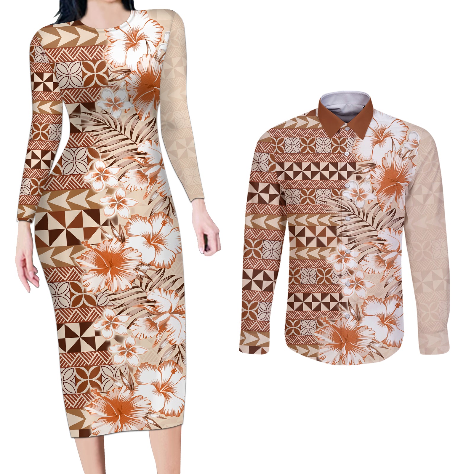 Pasifika Sataoa Pattern Plumeria Vintage Couples Matching Long Sleeve Bodycon Dress and Long Sleeve Button Shirt Brown Beige Tan LT9 Brown - Polynesian Pride