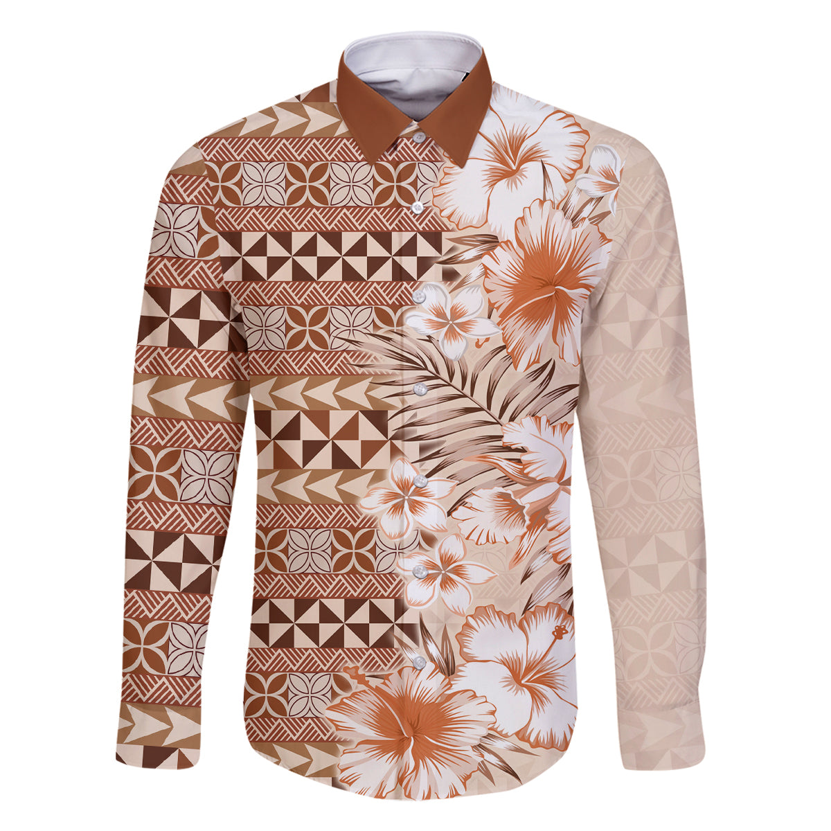 Pasifika Sataoa Pattern Plumeria Vintage Family Matching Off Shoulder Long Sleeve Dress and Hawaiian Shirt Brown Beige Tan LT9 Dad's Shirt - Long Sleeve Brown - Polynesian Pride
