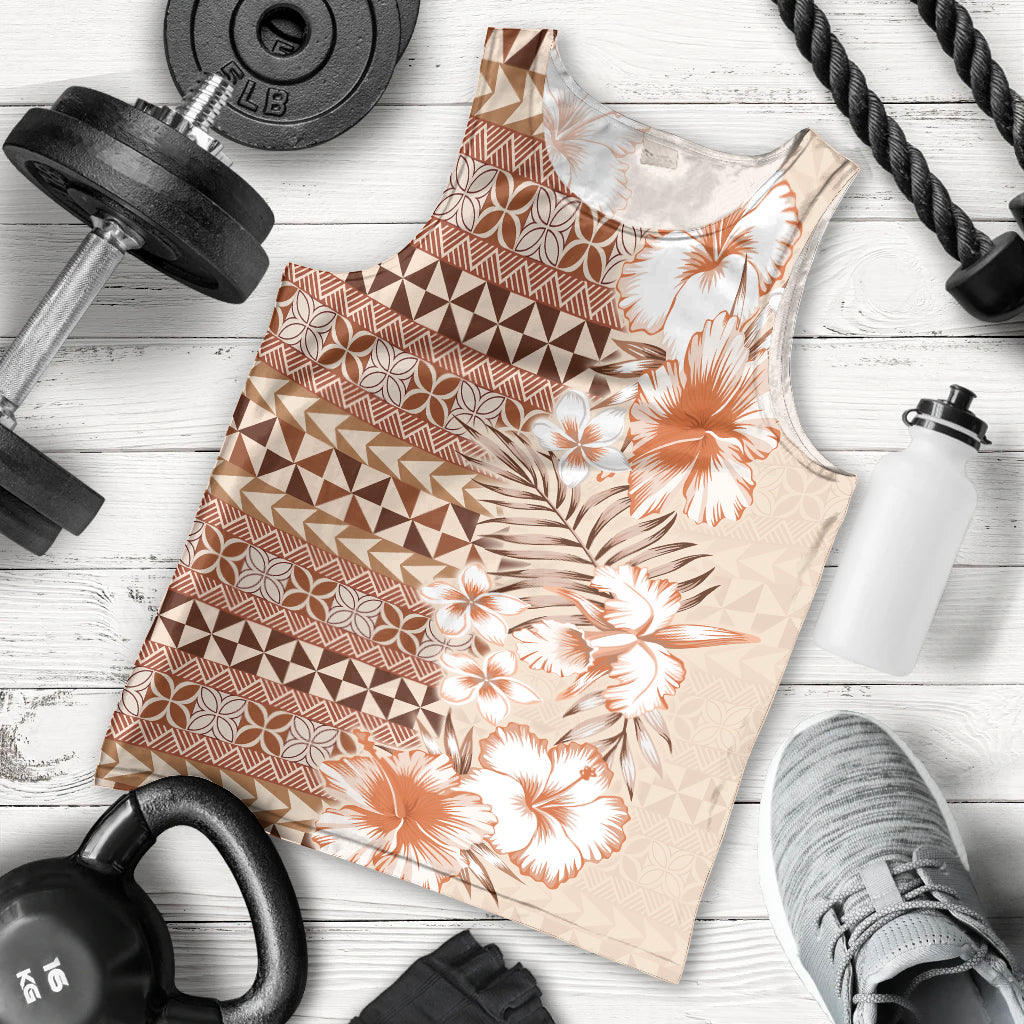 Pasifika Sataoa Pattern Plumeria Vintage Men Tank Top Brown Beige Tan LT9 - Polynesian Pride
