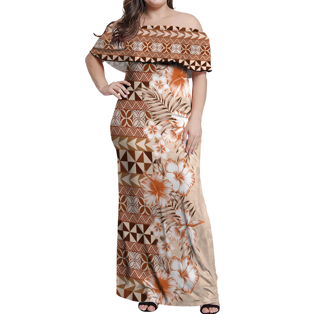 Pasifika Sataoa Pattern Plumeria Vintage Off Shoulder Maxi Dress Brown Beige Tan LT9 Women Brown - Polynesian Pride