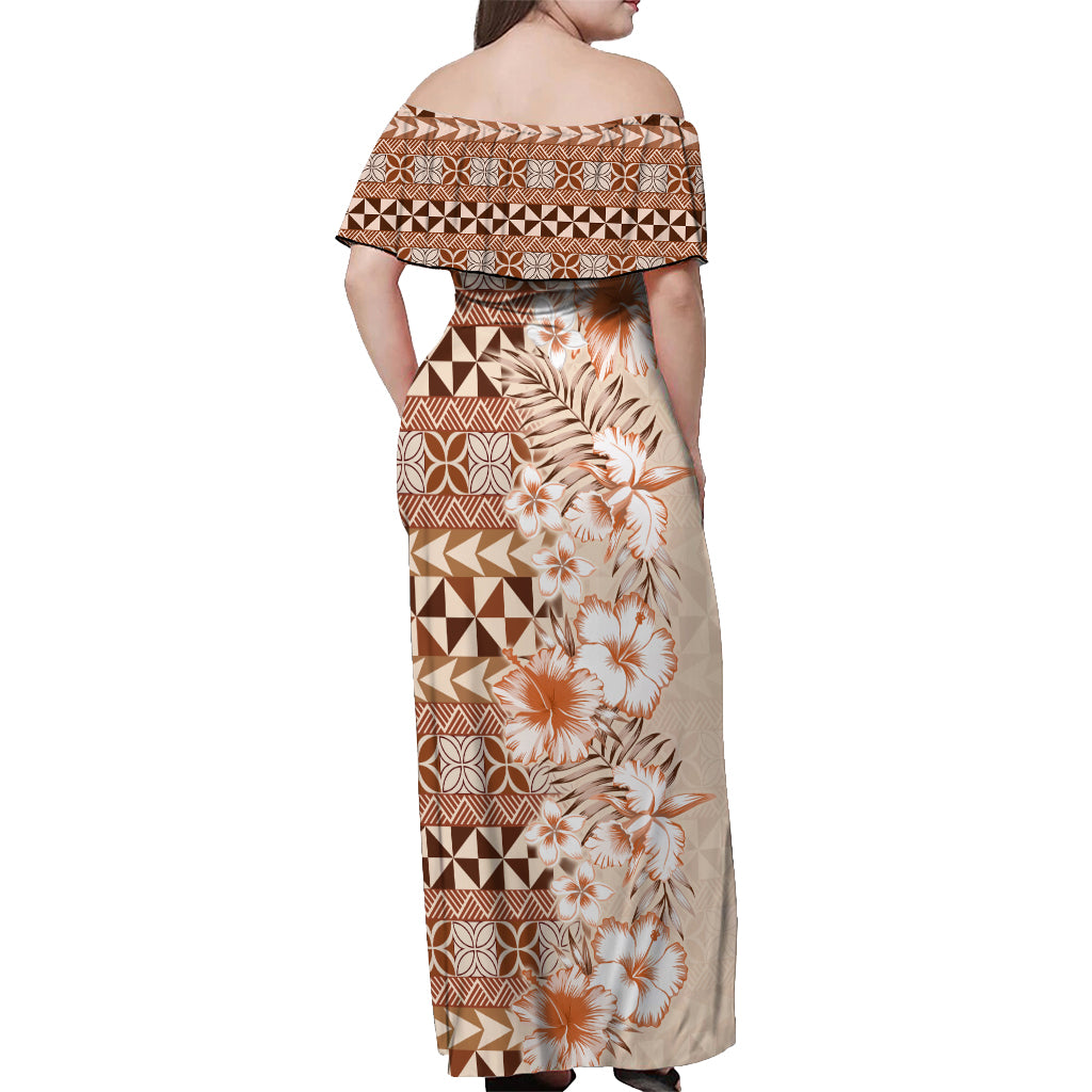 Pasifika Sataoa Pattern Plumeria Vintage Off Shoulder Maxi Dress Brown Beige Tan LT9 - Polynesian Pride